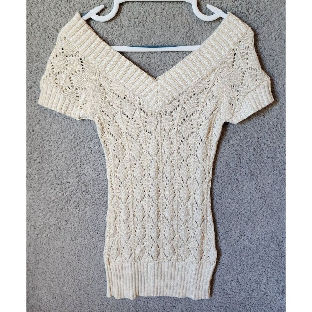 Vtg Y2K Cache Short Sleeve V Neck Open Knit Long Sweater Top Ivory Metallic XS